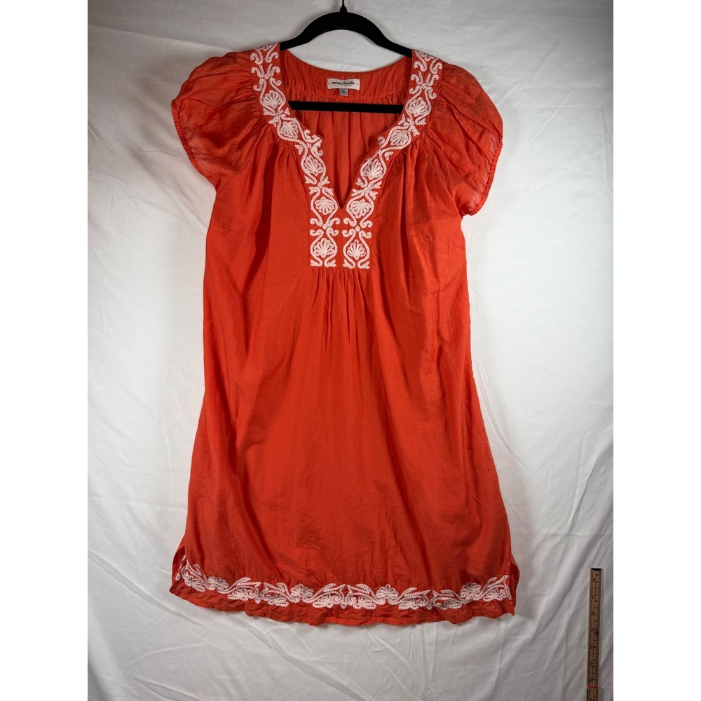 Creme Fraiche Orange Silk‎ Blend Embroidered Boho Tunic Mini Dress Womens Small